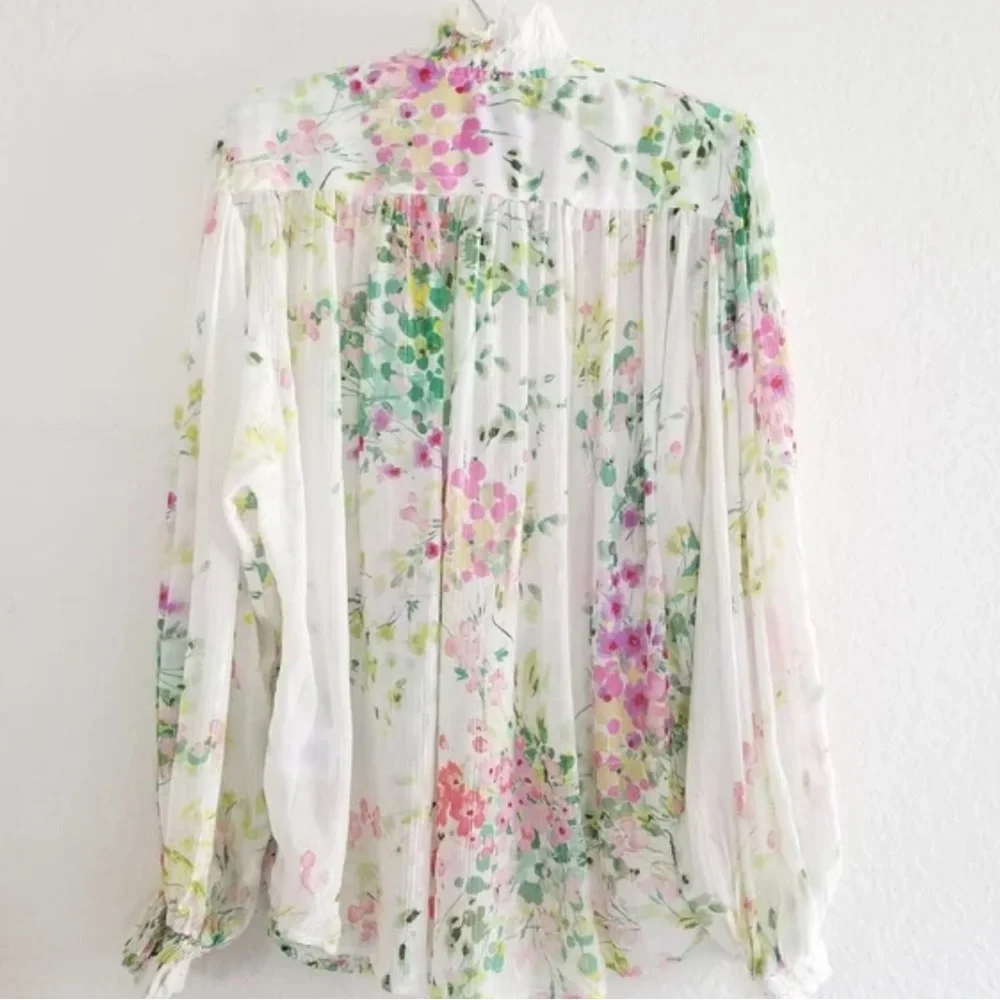 Anthropologie White Floral Tie-Front Blouse